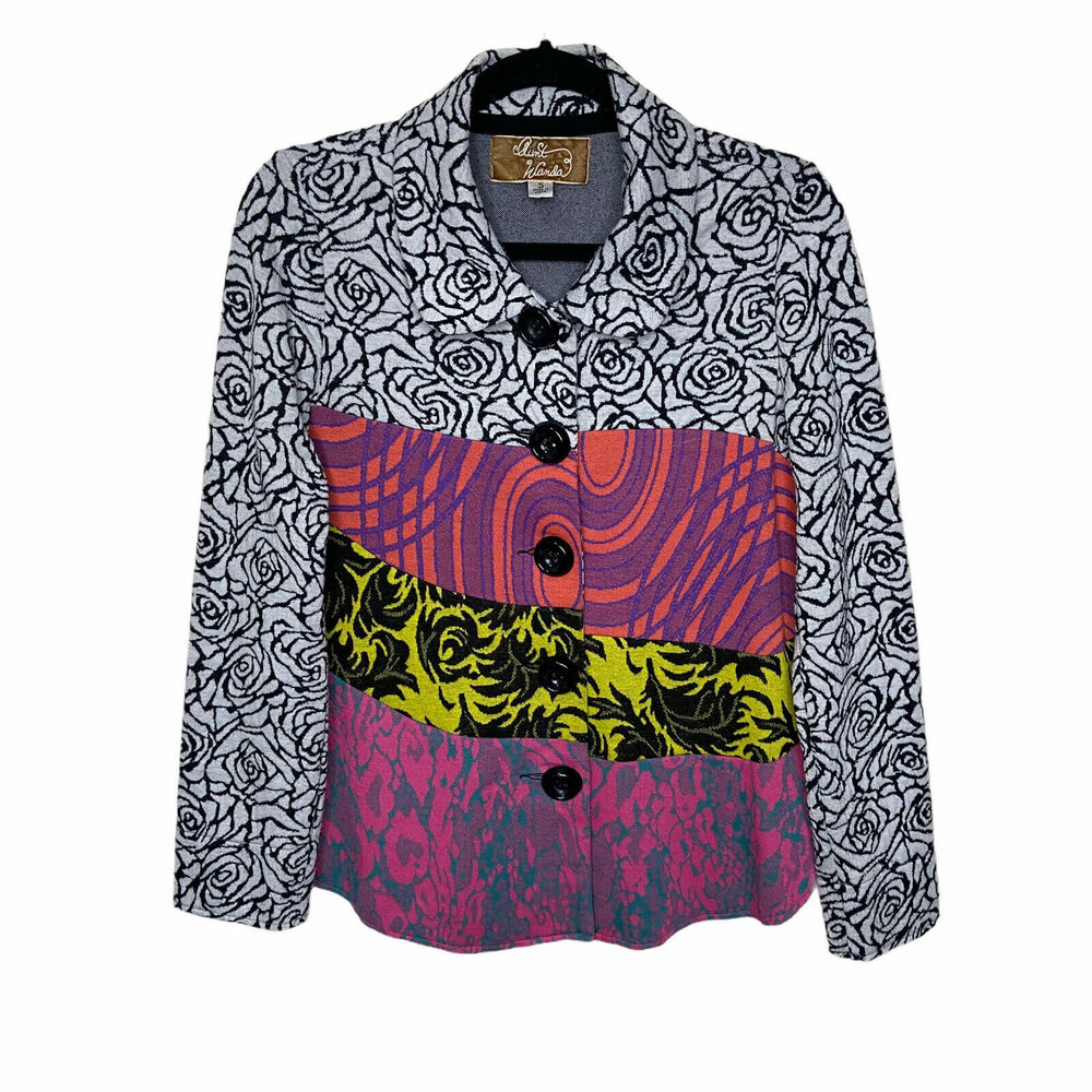Aunt Wanda Womens Small Mixed Print Blazer Terry Knit Jacket Floral Wearable Art